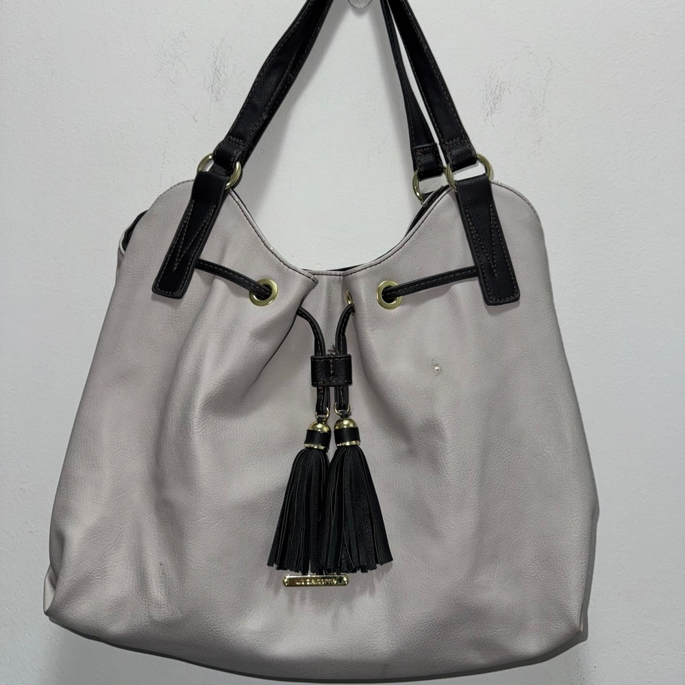 Liz Claiborne Shoulder Bag Taupe Black Drawstring Tassel Slouchy Hobo Purse